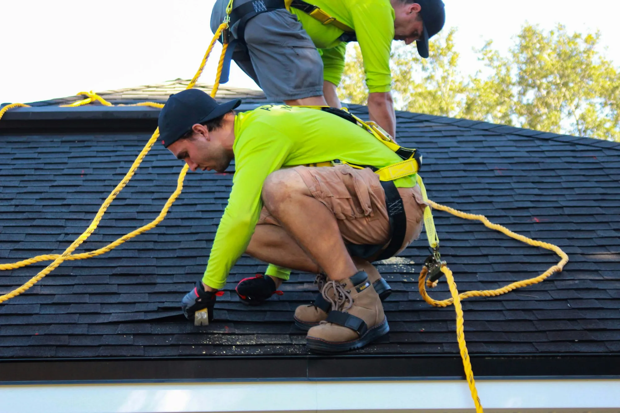 Roofer in a harness crouching to work on dark asphalt shingles